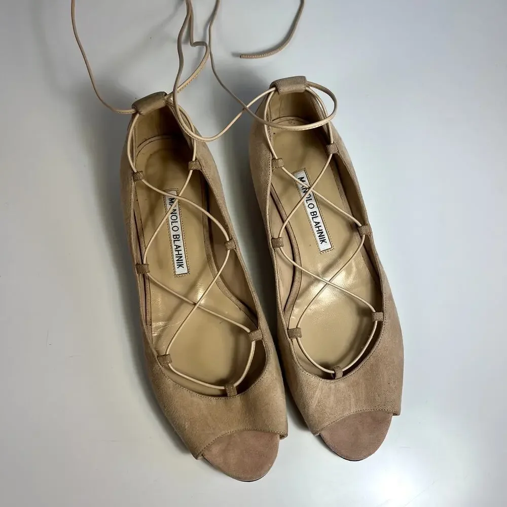 Manolo Blahnik Lace Up Espadrille Flats Peep Toe Suede Nude Size 6 / 36.5 Italy